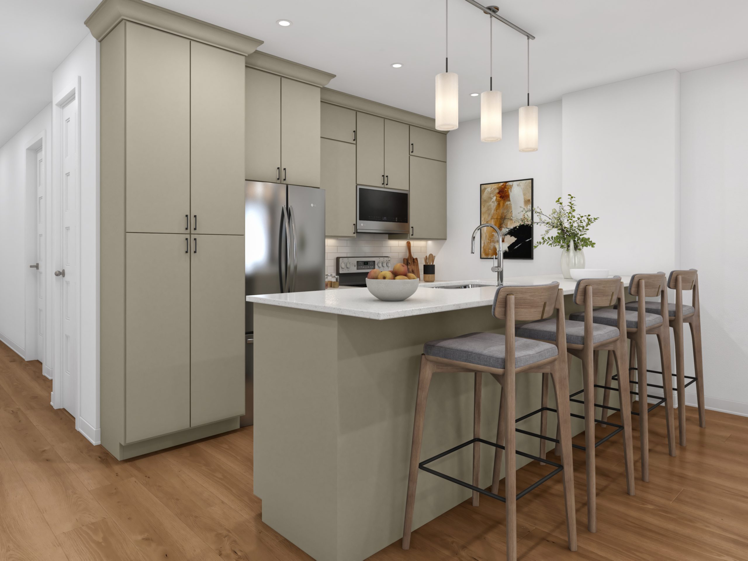 Ground mid-century kitchen — Eastridge Orleans townhome interior rendering (Colour 3 palette)