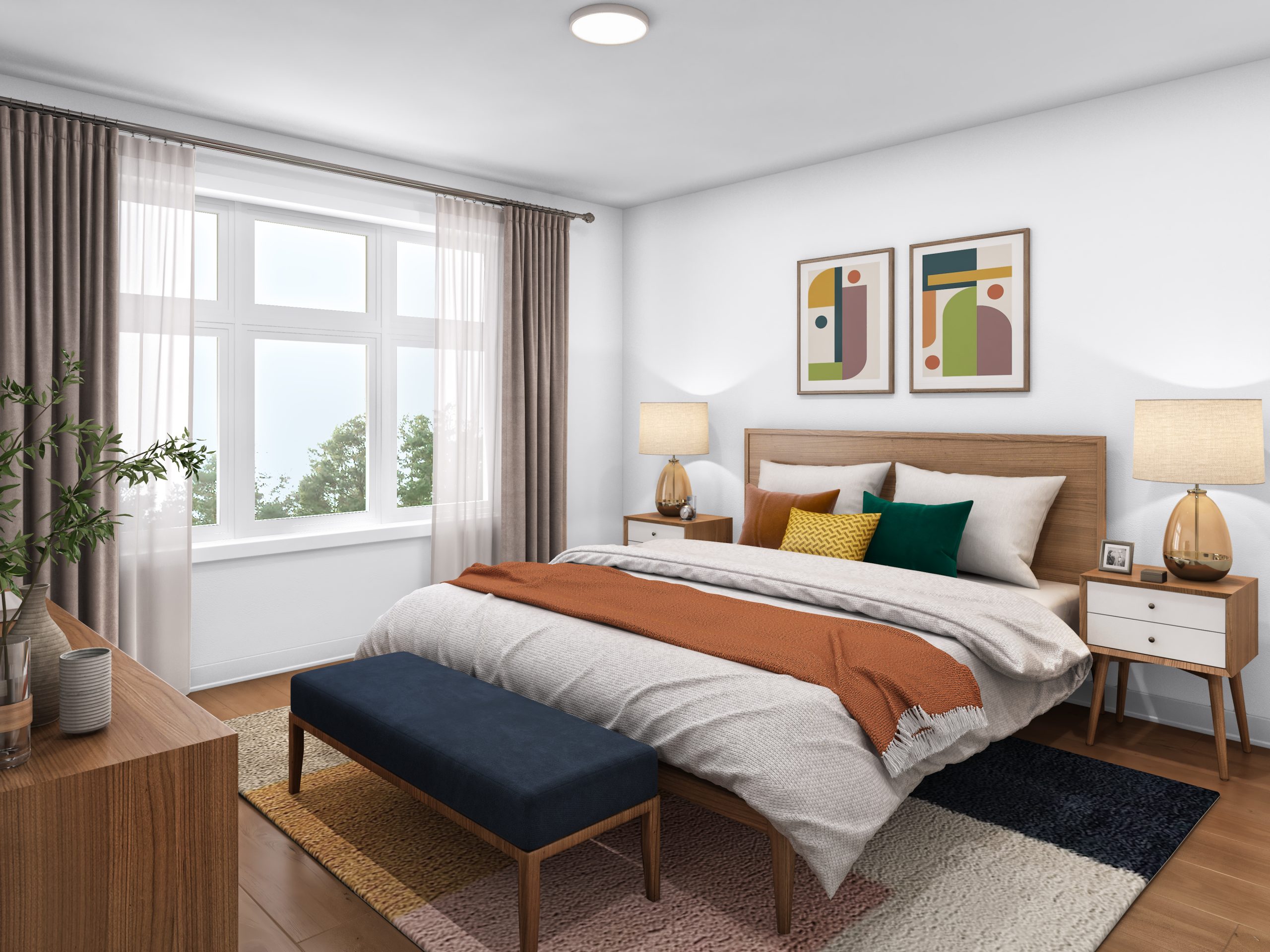 Second floor master bedroom — Eastridge Orleans townhome interior rendering (Colour 3 palette)